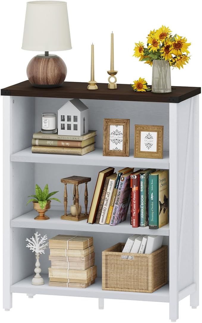 BON AUGURE Farmhouse Bookshelf, 3 Tier Bookcase, Wood Low Book Case, Short Storage Book Shelf for Home Office, Living Room, Small Space, Bedroom (White Oak and Walnut Brown)