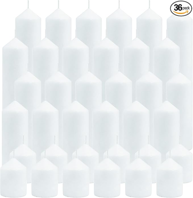 Pillar Candles Bulk Set - Unscented, Smokeless, Dripless | 3 Sizes: 2x3, 2x6, 2x8 Inches | Ideal for Weddings, Christmas & Home Decor (36, White)