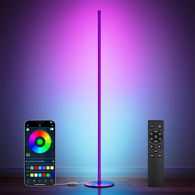 luckystyle Smart RGB Corner Floor Lamp,Bright LED Tall Modern Floor Lamp with APP and Remote,Ambient Lighting Color Changing Standing Lamps with Music Mode and Timing for Living Room,Bedroom Purple