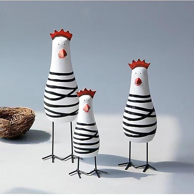 3PCS Wood Chicken Rooster Decor Figurines Set Farmhouse Rustic Home Office Decor