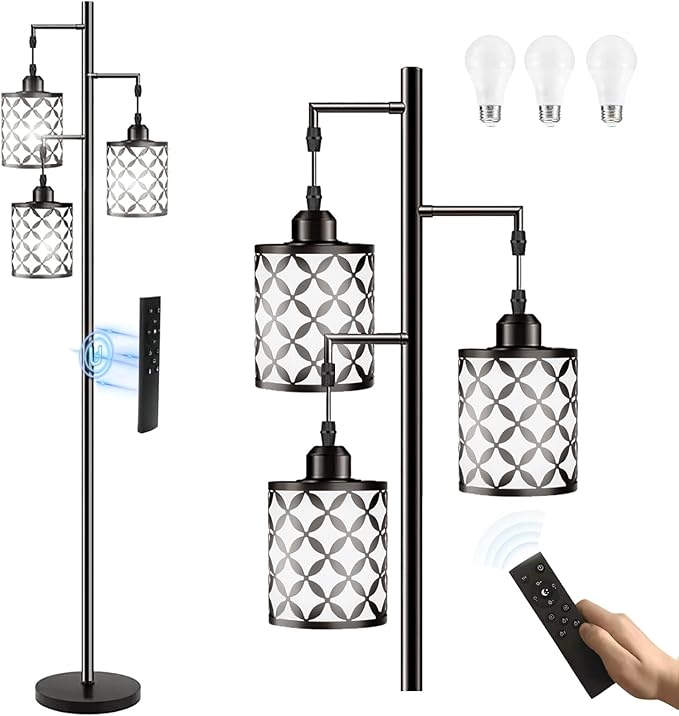New Upgraded 72" Tall Dimmable Floor Lamp with 3 x 1100LM 12W Bright LED Bulbs, Farmhouse Standing Lamp with Remote Control, Industrial Tree Pole Floor Lamps for Living Room, Bedroom, Office - Black