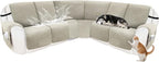 Recliner Sofa Covers 100% Waterproof Velvet L Shape Recliner Couch Covers for Sofa Pets Washable Anti Slip Recliner Slipcovers with Pockets (5 Seat Sofa with 1 Console, Light Gray)