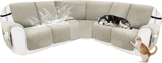 Recliner Sofa Covers 100% Waterproof Velvet L Shape Recliner Couch Covers for Sofa Pets Washable Anti Slip Recliner Slipcovers with Pockets (5 Seat Sofa with 1 Console, Light Gray)