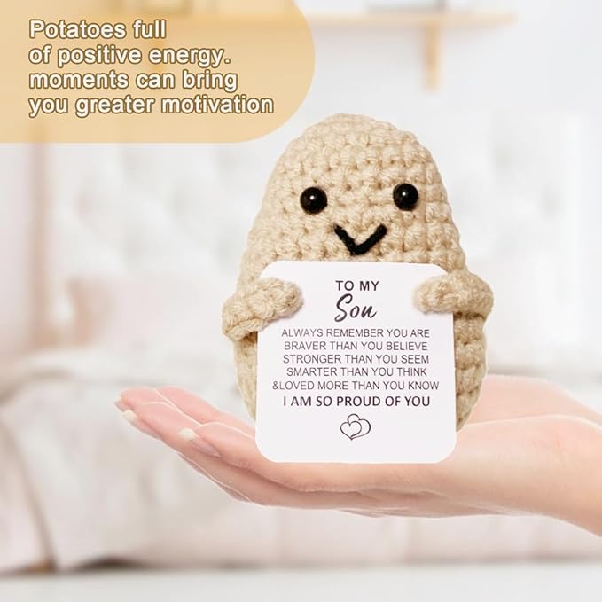 WASTIME Funny Knitted Wool Doll Toy with Positive Card - Creative Cute Mini Crochet Positive Potato Dolls Cheer Up Gift for Family Kids Friends Encouragement Decoration (B- to My Son)