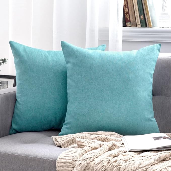 MIULEE Pack of 2 Decorative Outdoor Solid Waterproof Throw Pillow Covers Faux Linen Garden Farmhouse Coastal Cushion Cases for Summer Patio Tent Balcony Couch Sofa 18x18 Inch Turquoise