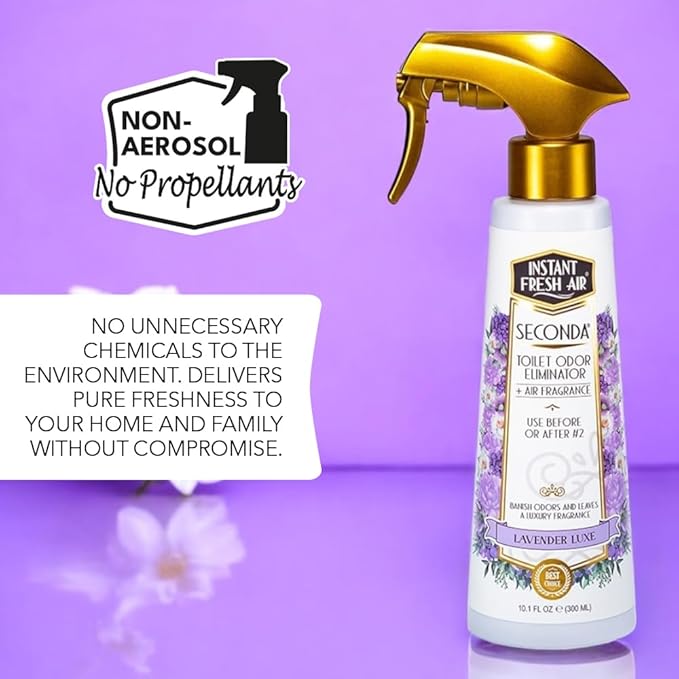 'Seconda' Toilet Spray - Bathroom Air Freshener & Toilet Bowl Odor Eliminator - For Home, Business, School - Bathroom Deodorizer Portable for Travel - Lavender Fragrance 10.1 fl oz.