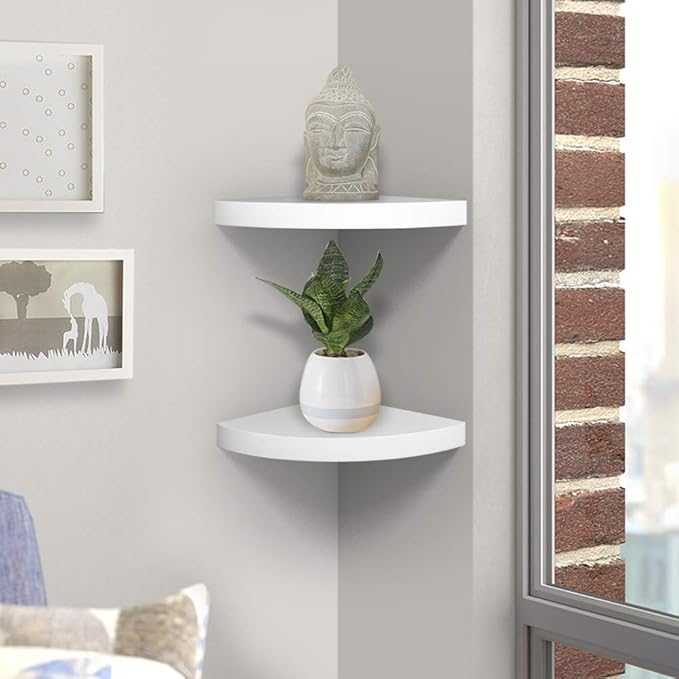 AHDECOR Wood Corner Shelves White, Durable Floating Corner Shelf for Organizing and Displaying Décor in Any Room, Set of 2
