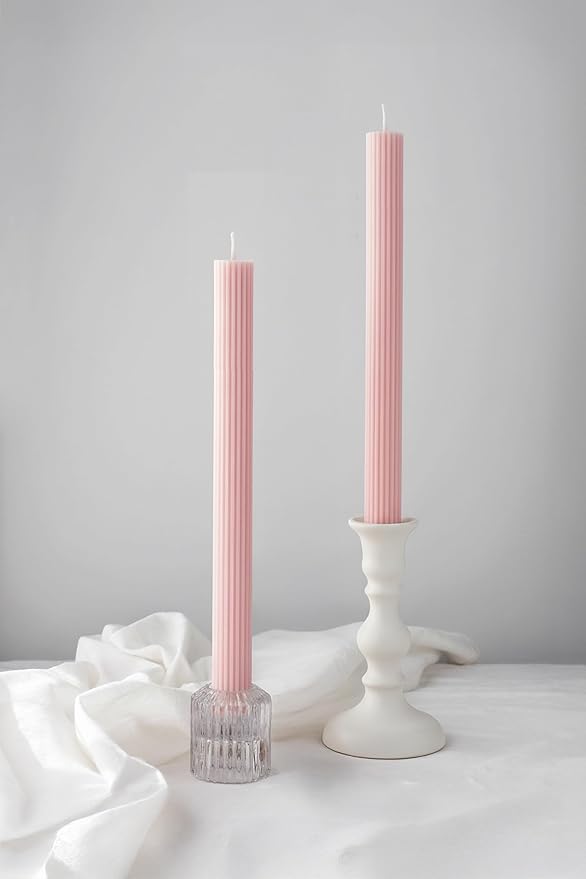 10" Candle Sticks, Ribbed Taper Candles, Blush Pink, 4-Pack, Unscented