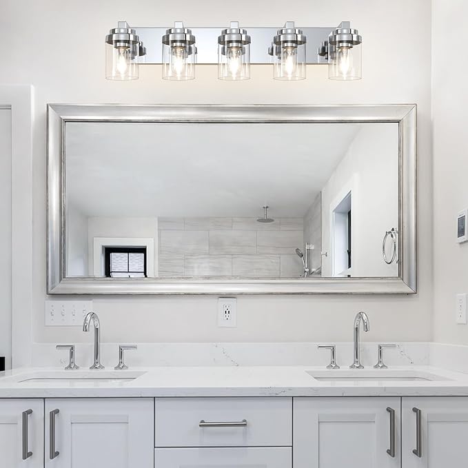 Bathroom Light Fixtures, 5-Light Bathroom Vanity Lights Over Mirror, Polished Chrome Vanity Lights with Glass Shade, 31" Modern Wall Sconce for Cabinet Porch Bedroom, Hallway E26