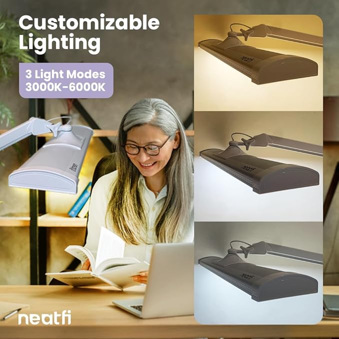 Neatfi LED Desk Lamp, 3,500 Lumens, 3 Light Modes, Dimmable, 45W, 26” Wide Shade, 540 SMD LEDs, Eye-Caring Task Lamp for Reading, Crafting, Workbench, Office (CCT with Clamp, White)