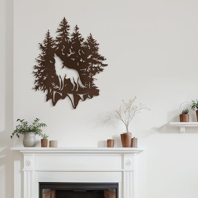 SIGNLEADER Metal Wall Art Decor Wolf and Pine Tree Minimalist Modern Abstract Wall Sculpture Hangings Home Decoration for Living Room, Bedroom, Bathroom, Kitchen, Outdoor - 30" Bronze