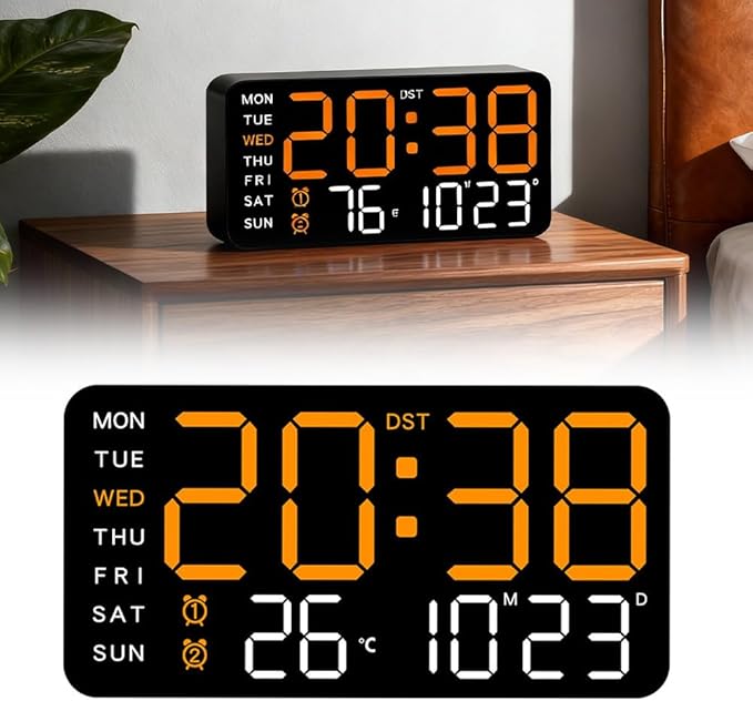 Multifunctional Decorative Led Digital Wall Clock,Large Digital Clock Shows Time,Date,Temperature,Auto Brightness Adjustment,Dual Alarms,Electronic Clock for Livingroom (Orange lamp with black shell)