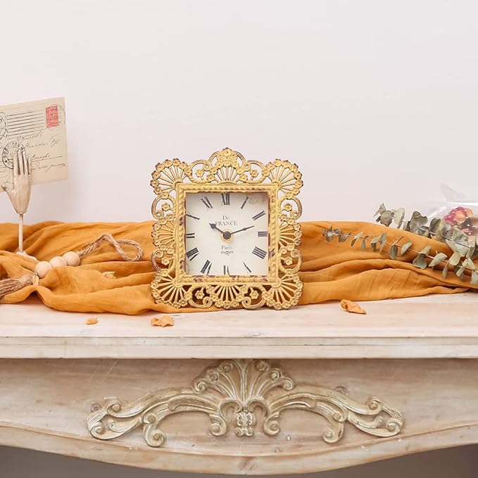 NIKKY HOME Vintage Table Clock, Shabby Chic Decorative Pewter Desk Clock Battery Operated for Living Room Bathroom Shelf, Yellow
