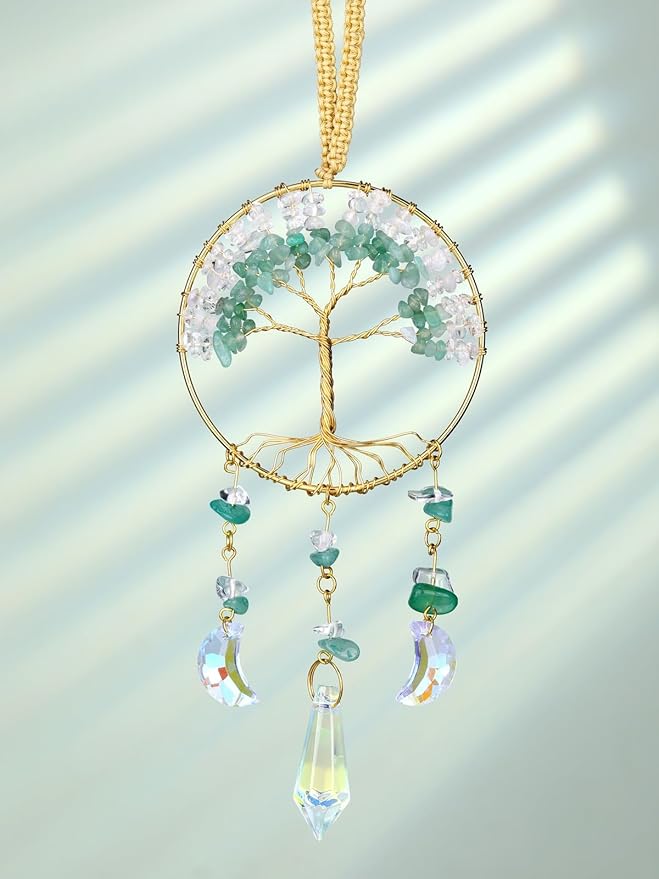 CrystalTears Crystal Tree Life Hanging Ornament Handmade Green Aventurine Clear Quartz Healing Crystal Gemstone Glass Suncatcher for Home Window Wall Decoration Crystal Gifts for Women Men Friends
