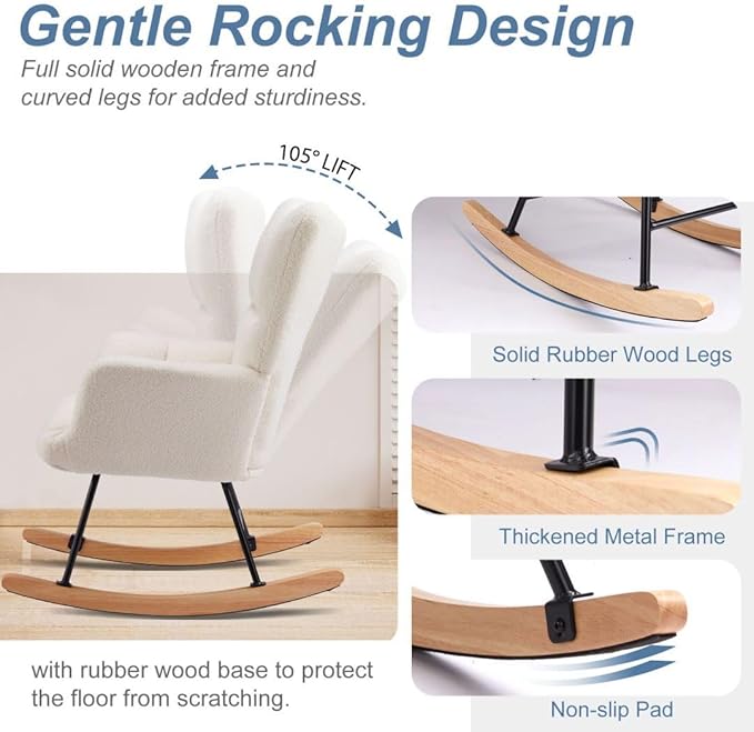 Nursery Rocking Chair, Boho Accent Ottoman, Teddy Upholstered Glider Rocker Accent Chair with High Backrest for Living Room, Small Spaces, Bedroom, Beige