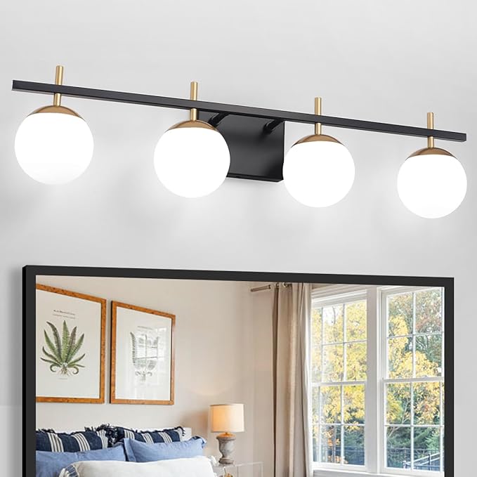 4-Light Modern Vanity Light for Bathroom, Black and Gold Bathroom Lighting Fixtures Over Mirror, White Frosted Glass Vanity Lights Globe Wall Lamp Sconces for Hallway Stairway Living Room