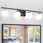 4-Light Modern Vanity Light for Bathroom, Black and Gold Bathroom Lighting Fixtures Over Mirror, White Frosted Glass Vanity Lights Globe Wall Lamp Sconces for Hallway Stairway Living Room