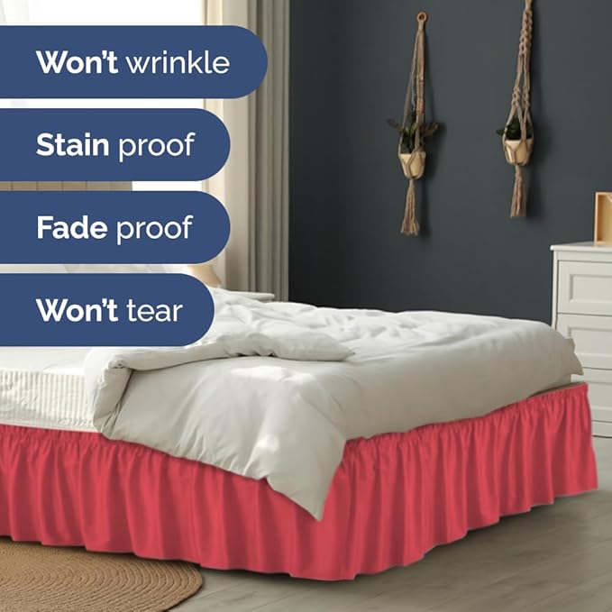 Wrap Around Dust Ruffle Bed Skirt - Red - for Full Size Beds with 24 Inch Drop - Easy Fit Elastic Strap - Adjustable Pleated Bedskirt w/Brushed Fabric - Wrinkle Free - for Women, Men, Kids & Teens