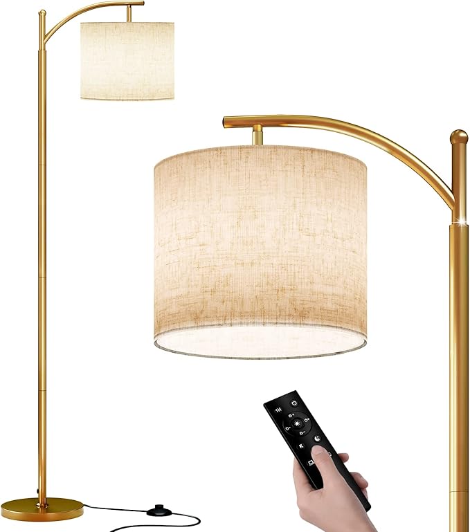SUNMORY Arc Floor Lamp, Modern Floor Lamp with Romote Control and Stepless Dimmable Bulb, Metal Standing Lamps with Hanging Lampshade for Living Room, Bedroom, Office (Gold)