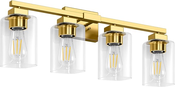 Bathroom Vanity Light, 27" 4-Light Modern Matte Gold Wall Sconce Lighting with Clear Glass Shade, Gold Wall Lights,Bath Vintage Wall Mounted Lamps for Mirror Bedroom Living Room