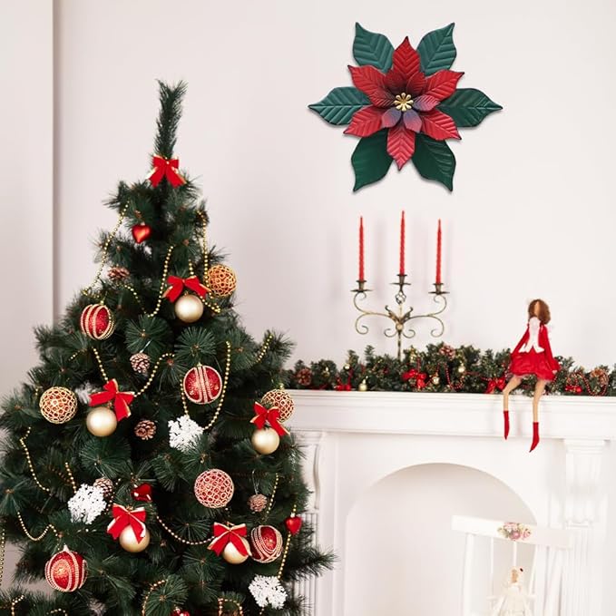YEAHOME Chrismas Wall Decorations Indoor - 11 inch Metal Flower Wall Art Decor, Poinsettia Yard Garden Decor Hanging for Kitchen, Bathroom, Bedroom, Handmade Gift for Home, Indoor or Outdoor