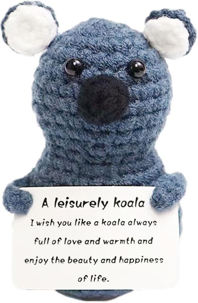 Funny Knitted Wool Doll Toy with Positive Card - Creative Cute Mini Crochet Positive Potato Dolls Cheer Up Gift for Family Kids Friends Encouragement Decoration (C- Leisurely Koala)