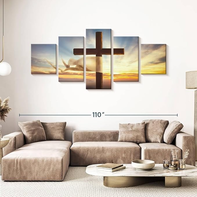 Elephant Stock Holy Cross Wall Art Multi Piece Canvas - 5 Panel Christian Pictures Decor - Digital Design Canvas Print - Christian Wall Decor - 92" X 42"