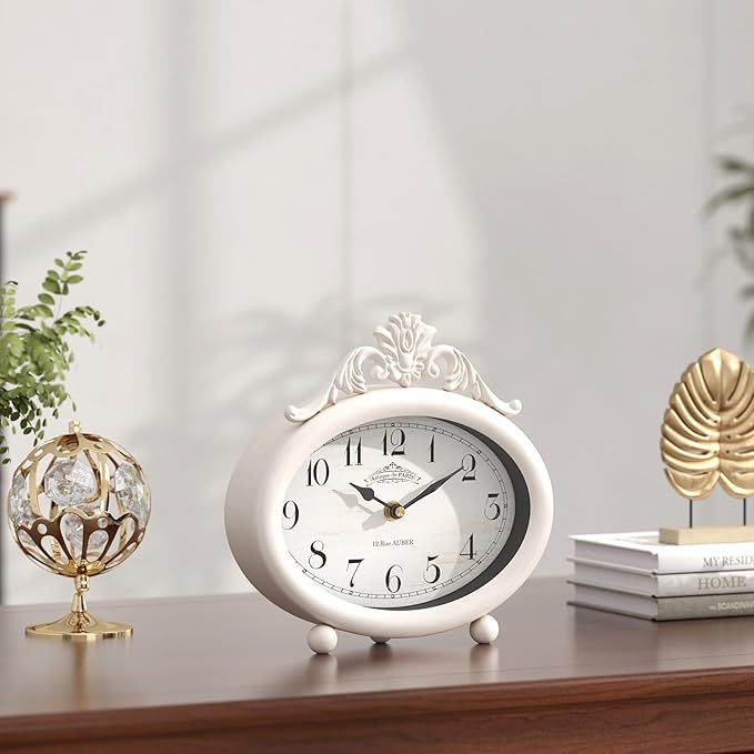 Vintage Table Clock, Desk and Shelf Decor Clock, French Rustic Antique Style White Mantel Clocks, for Farmhouse, Living Room, Bedroom, Bedside, Gift (7.87" H x 7.87" W)