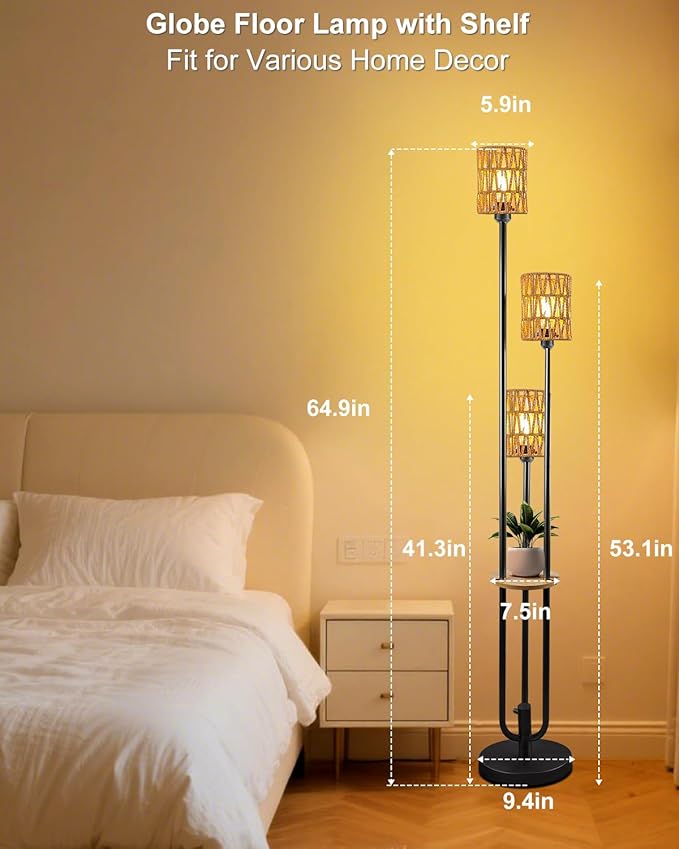 Lightdot Dimmable Boho Floor Lamps for Living Room, 3-Lights Rattan Floor Lamp with Shelves, 3000K Farmhouse Floor Lamp, Rustic Black Standing Lamp with Bulbs Included/Sofa Beside/Corner Decor