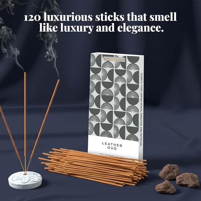 Folkulture Incense Sticks | Set of 120 Insence-Sticks with Holder for Relaxation | Leather Oud Incense| Organic, Slow Burning & Non Toxic Inscents | Luxe Fragrances for Meditation, Relaxation