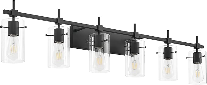 SOLFART Black Vanity Light fixtures 49.2 inch 6 Lights Wall Light Fixtures Above Mirror for Bathroom with Glass Shade (Exclude Bulb)