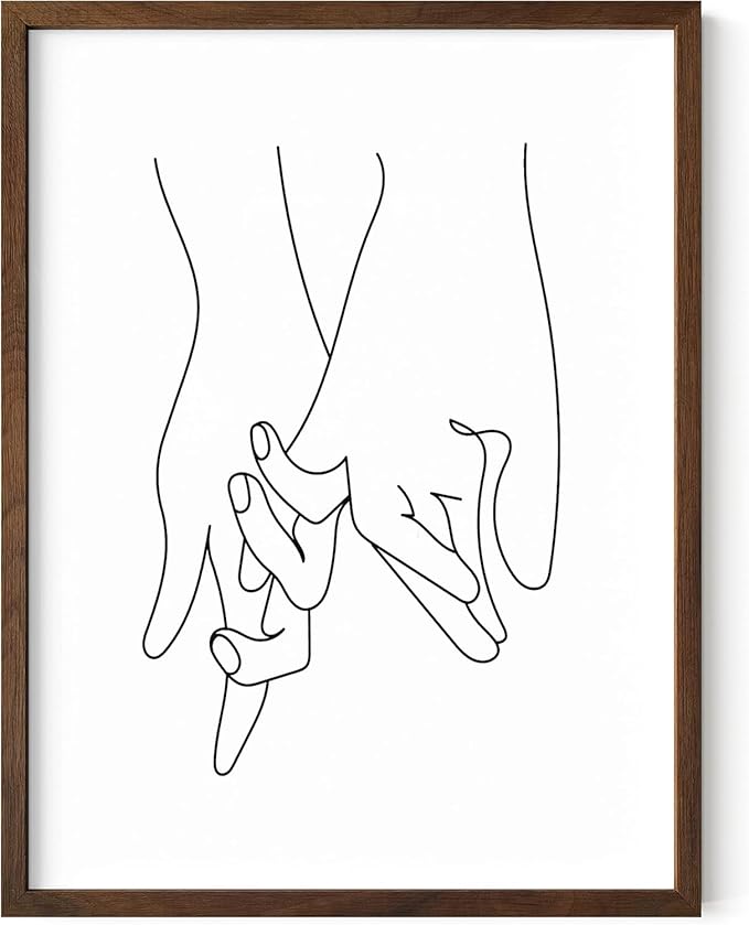 Holding Hands Wall Art Interlocking Fingers Continuous Line Drawing Love Connection 12x16 Inch Oak Wood Walnut Framed Modern Romance Print for Bedroom