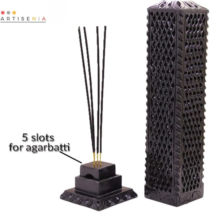 Handmade Soapstone Incense Stick Tower Holder | Marble Incense Stick Tower Burner | Aromatherapy Spa Fragrance Accessory for Home & Office Décor (11 x 3 Inches) (Black)