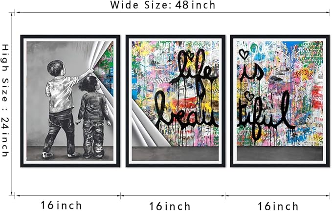 Novatique Street Graffiti Canvas Print Banksy Wall Art Pop Art Wall Decor Modern Graffiti Art Picture Home Decoration Framed Ready to Hang,16" x 24" x 3pcs