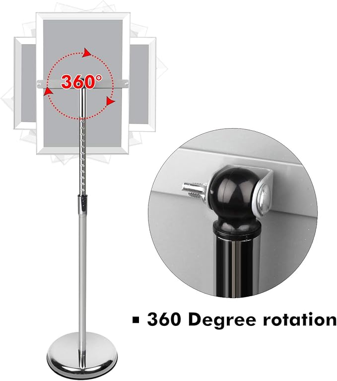 DISPLAYSWORKER Adjustable Poster Sign Stand,Floor-Standing Sign Holder with Heavy Duty Pedestal,for school hospital church shopping mall Silver 11 x 17inch