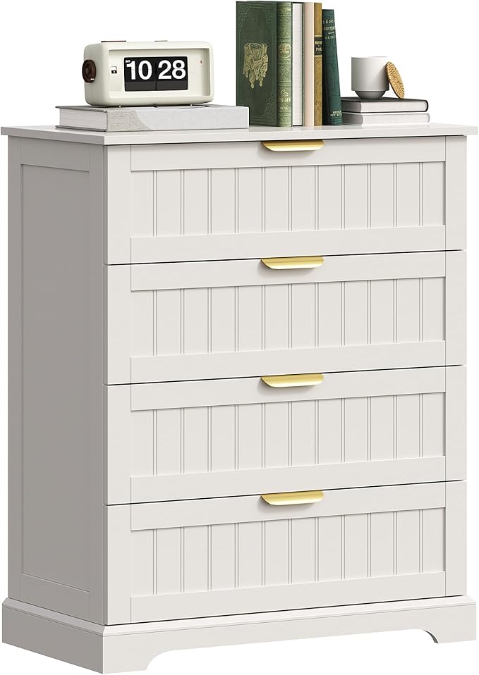 4 Wooden Drawer Dresser for Bedroom Storage, Modern Farmhouse Wood Chest of Drawers with Metal Handles, Wide Storage, Cabinet for Closet, Living Room, or Entryway White