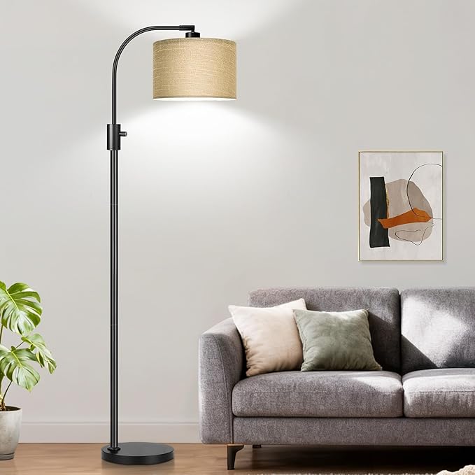 【Upgraded】 Dimmable Matte Black Floor Lamp, 1201 Lumens LED Bulb Included, Arc Floor Lamps for Living Room Modern Standing Lamp with Champagne Linen Shade, Tall Lamp for Living Room Bedroom Office