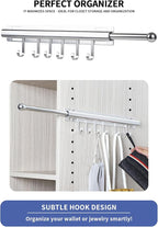 16.5 inch Valet Rod for Closets Pull Out Closet Valet Rod Slide Out Extra Long Silvery Valet Rods for Closets With 6 Hooks