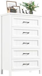 5 Drawer Dresser for Bedroom - Farmhouse 44.9" Tall Chest of Dresser with Large Storage, Rubst Wood Construction for Living Room, Hallway & Entryway - White