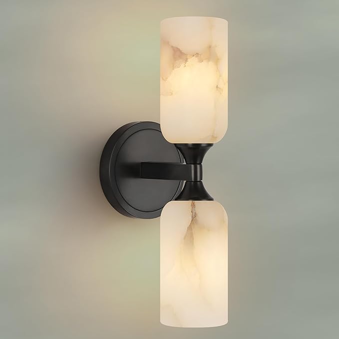 14.4in Alabaster Wall Sconce, Black Sconces with Spanish Marble, Modern Brass Wall Mounted Lamp, Hardwired LED Wall Lighting for Bathroom Bedroom Living Room Staircase Hallway Dining Room
