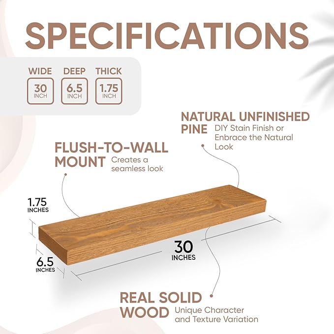 Homeforia 30 inch Golden Oak Floating Shelf, High End Solid Real Wood 30inch Small Floating Shelves for Wall Mounted, Oak Wooden 30in Floating Shelves, Heavy Duty Bracket, 30 X 6.5 X 1.75 in, Set of 3