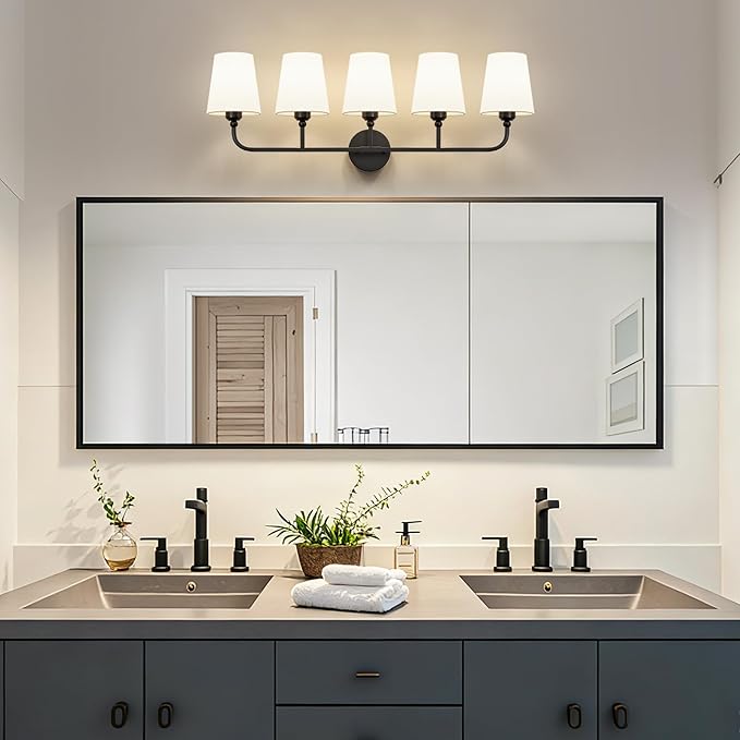 Kvhilw Bathroom Vanity Light, Matte Black Bathroom Light Fixtures, 5-Light Lighting Fixtures Over Miror, Modern Wall Sconce with Flared White Fabric Shade, E26 Socket(ETL Listed)