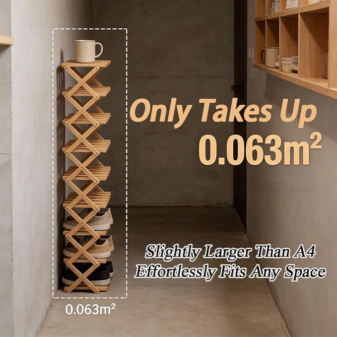 The 9-Tier No-Assembly Bamboo Rack(Foldable Storage), Bamboo Shoe Storage Rack, Space-Saving, Holds 14+ Pairs, Unfolds in 10 Sec (Brown, 9 Tier)