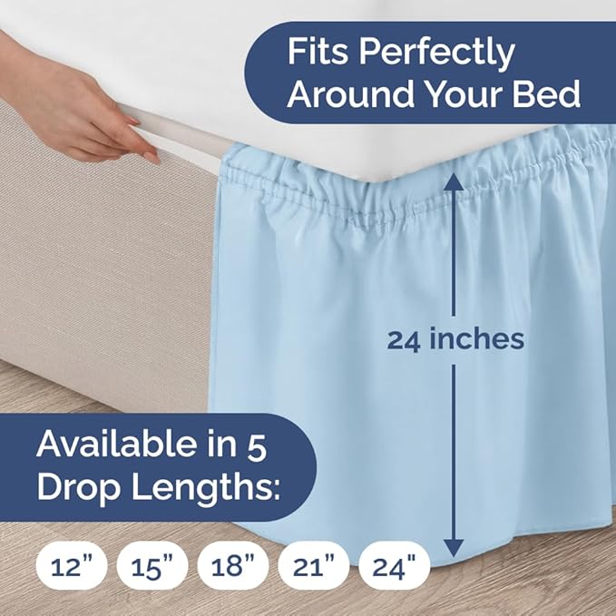 Wrap Around Dust Ruffle Bed Skirt - Light Blue - for Queen Size Beds with 24 Inch Drop - Elastic Strap - Adjustable Pleated Bedskirt with Brushed Fabric and Wrinkle Free - For Women, Men, Kids & Teens