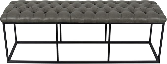 HomePop Upholstered Button Tufted Decorative Bench with Metal Base, Gray Faux Leather