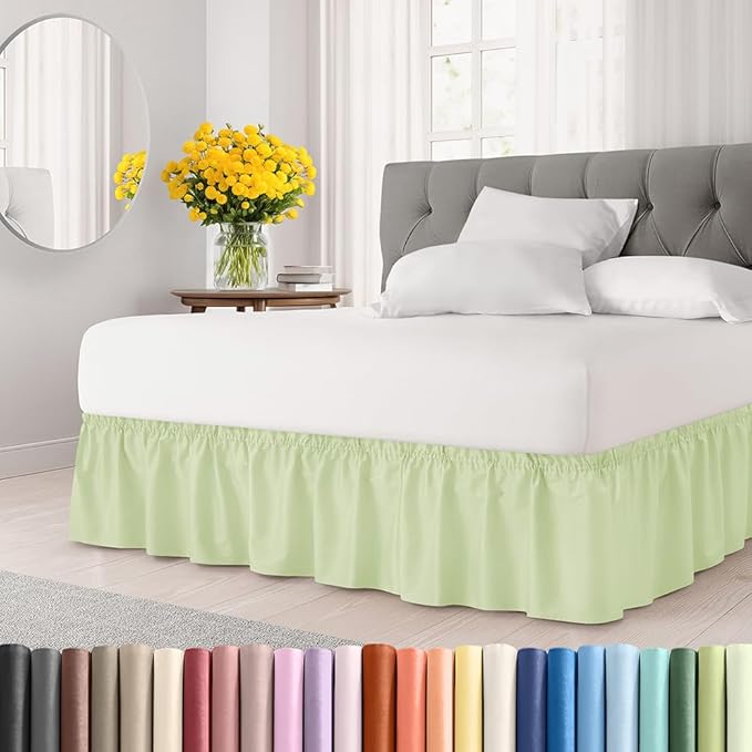 Wrap Around Dust Ruffle Bed Skirt - Light Sage - for King Size Beds w/ 12 Inch Drop - Easy Fit Elastic Strap - Adjustable Pleated Bedskirt w/Brushed Fabric - Wrinkle Free, Women, Men, Kids & Teens
