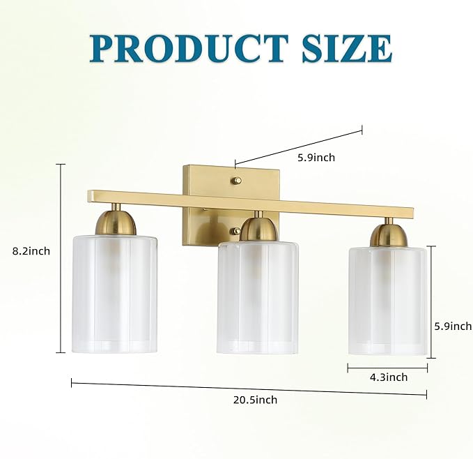 Stainless Steel Bathroom Vanity Light Over Mirror, 3 Light Brushed Gold Bathroom Light Fixtures with Milk Glass and Clear Glass Shades, Modern Vanity Lighting Wall Mount