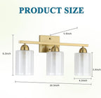 Stainless Steel Bathroom Vanity Light Over Mirror, 3 Light Brushed Gold Bathroom Light Fixtures with Milk Glass and Clear Glass Shades, Modern Vanity Lighting Wall Mount