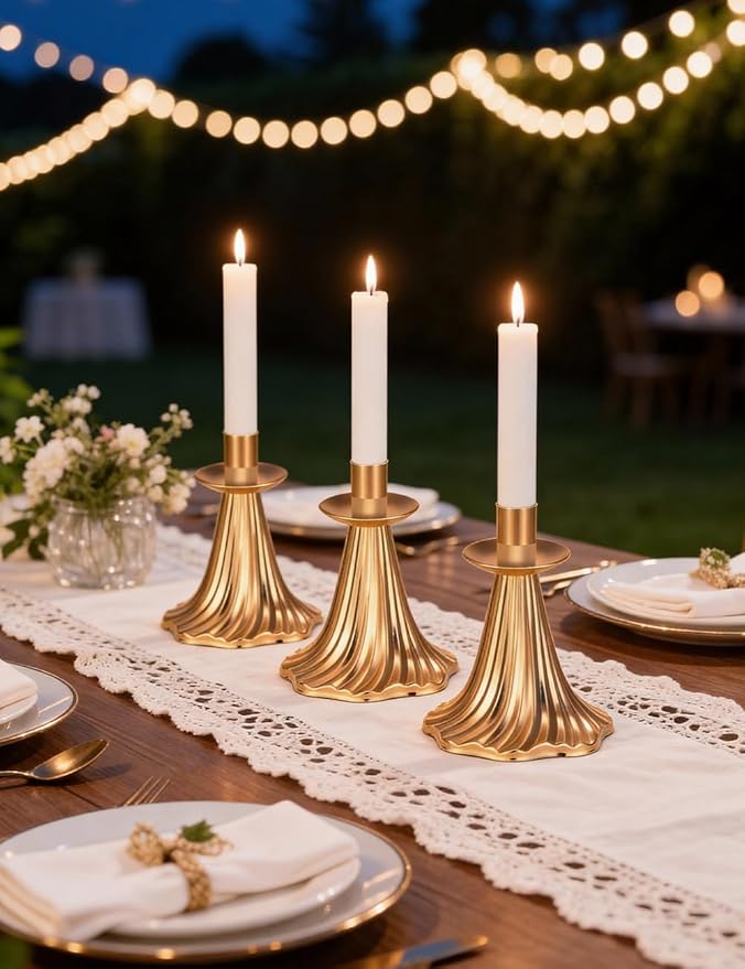 Taper Candle Holders Set of 12 - Victorian Style Gold Vintage Modern Decor, Table Mantel Centerpiece for Wedding Housewarming
