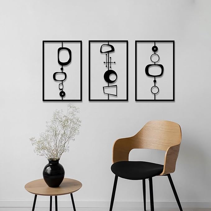 3 Pcs Metal Abstract Wall Decor, Minimalist Lines Wall Hanging Art Painting, Modern Geometric Black Wall Sculpture Suitable for Home Office, Hotel Living Room, Bedroom and other Home Decoration